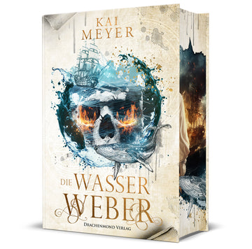 Das beige Cover zeigt mittig einen runden Bildauschnitt eines Meeres. Mittig vor diesem Auschnitt ist ein brennender Totenkopf angedeutet. Im oberen Bereich befindet sich ein großes Segelschiff und im rechten unteren Bereich ein Blauwal. Der Titel steht in großen Buchstaben darunter.